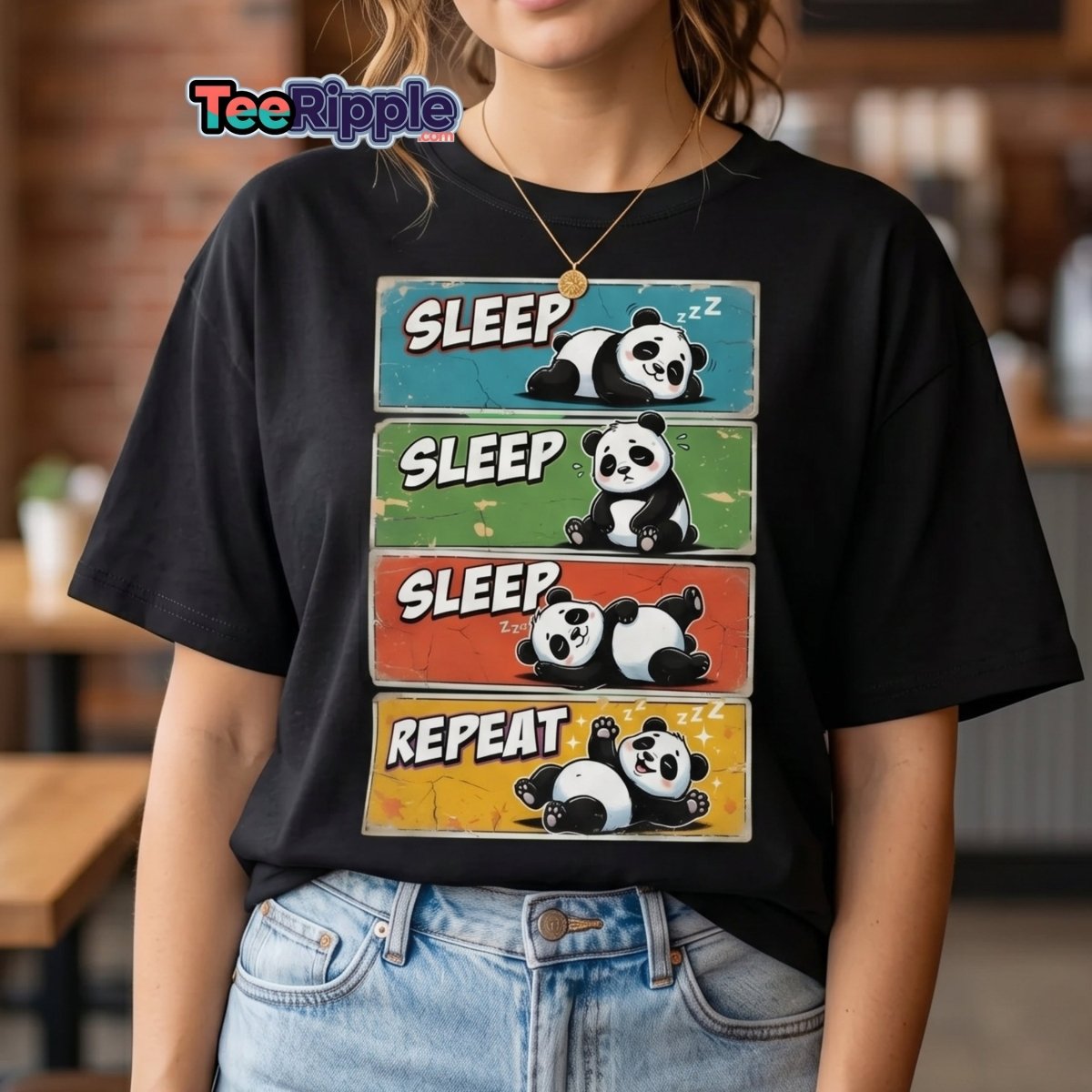 Panda Sleep Repeat T-Shirt - Cute Lazy Panda Tee - Maroon - TeeRipple