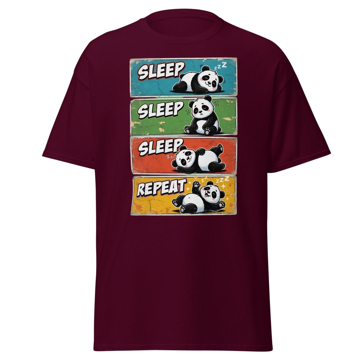 Panda Sleep Repeat T-Shirt - Cute Lazy Panda Tee - Maroon - TeeRipple