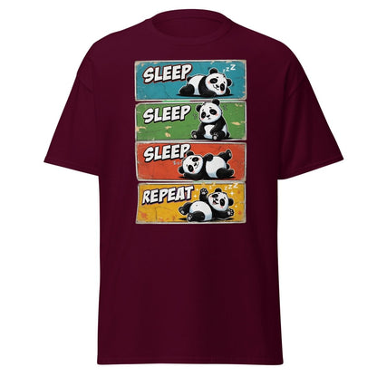 Panda Sleep Repeat T-Shirt - Cute Lazy Panda Tee - Maroon - TeeRipple