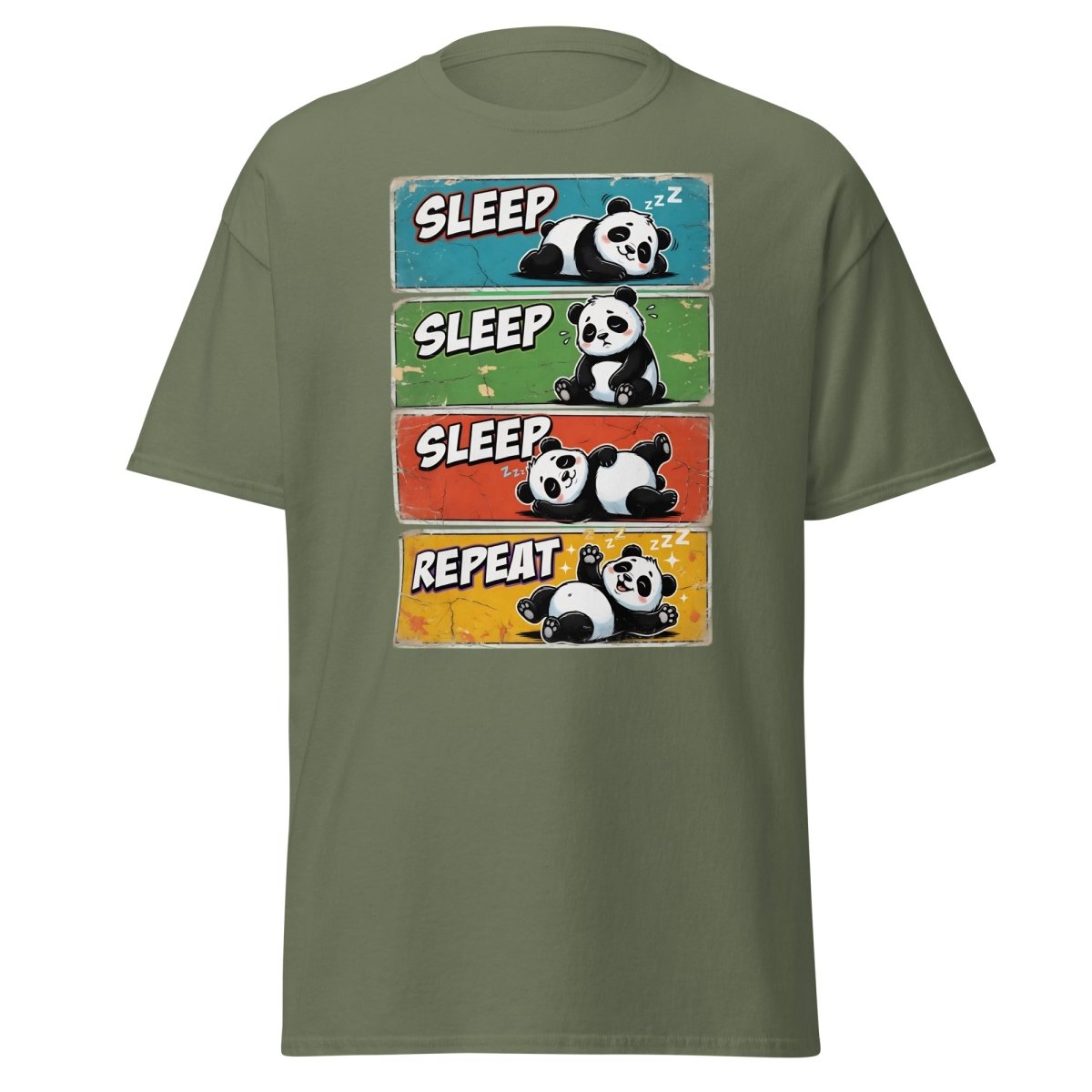 Panda Sleep Repeat T-Shirt - Cute Lazy Panda Tee - Military Green - TeeRipple