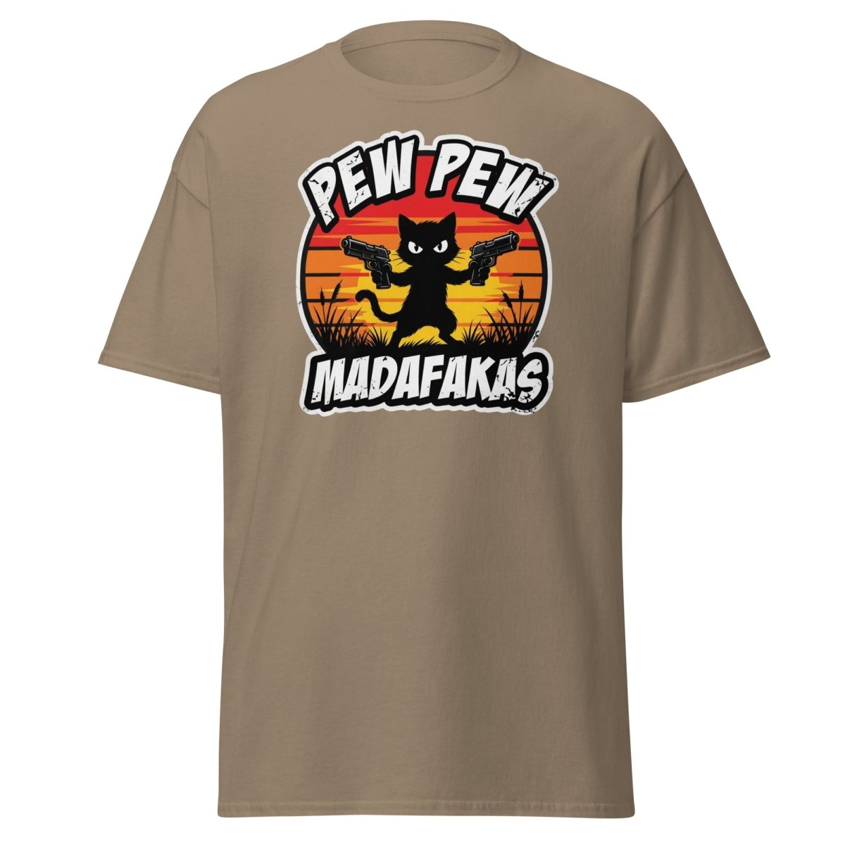 Pew Pew Madafakas Cat T-Shirt Funny Gun Pun Tee - Brown Savana - TeeRipple