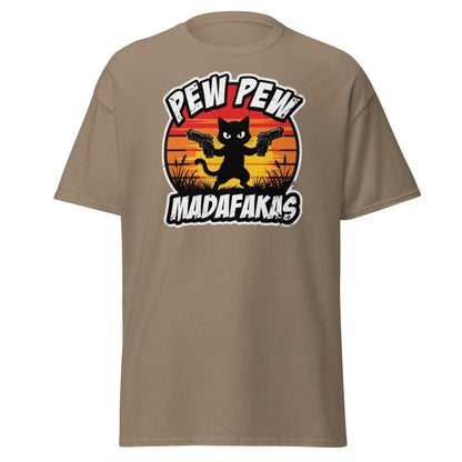 Pew Pew Madafakas Cat T-Shirt Funny Gun Pun Tee - Brown Savana - TeeRipple