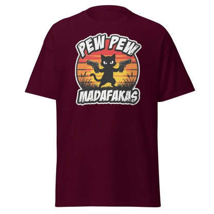Pew Pew Madafakas Cat T-Shirt Funny Gun Pun Tee - Maroon - TeeRipple
