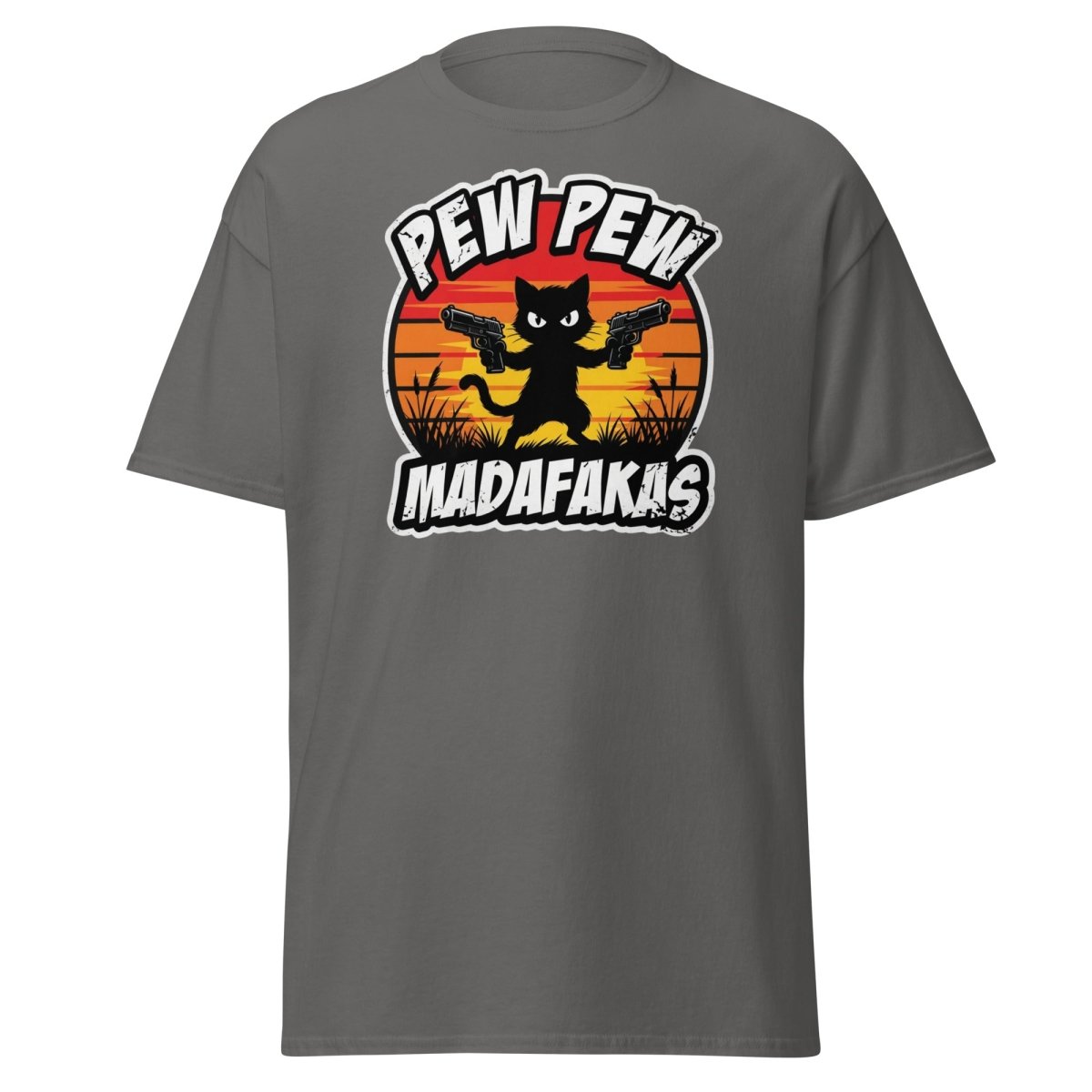 Pew Pew Madafakas Cat T-Shirt Funny Gun Pun Tee - Charcoal - TeeRipple