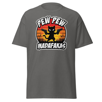 Pew Pew Madafakas Cat T-Shirt Funny Gun Pun Tee - Charcoal - TeeRipple