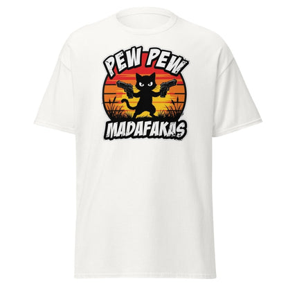 Pew Pew Madafakas Cat T-Shirt Funny Gun Pun Tee - White - TeeRipple
