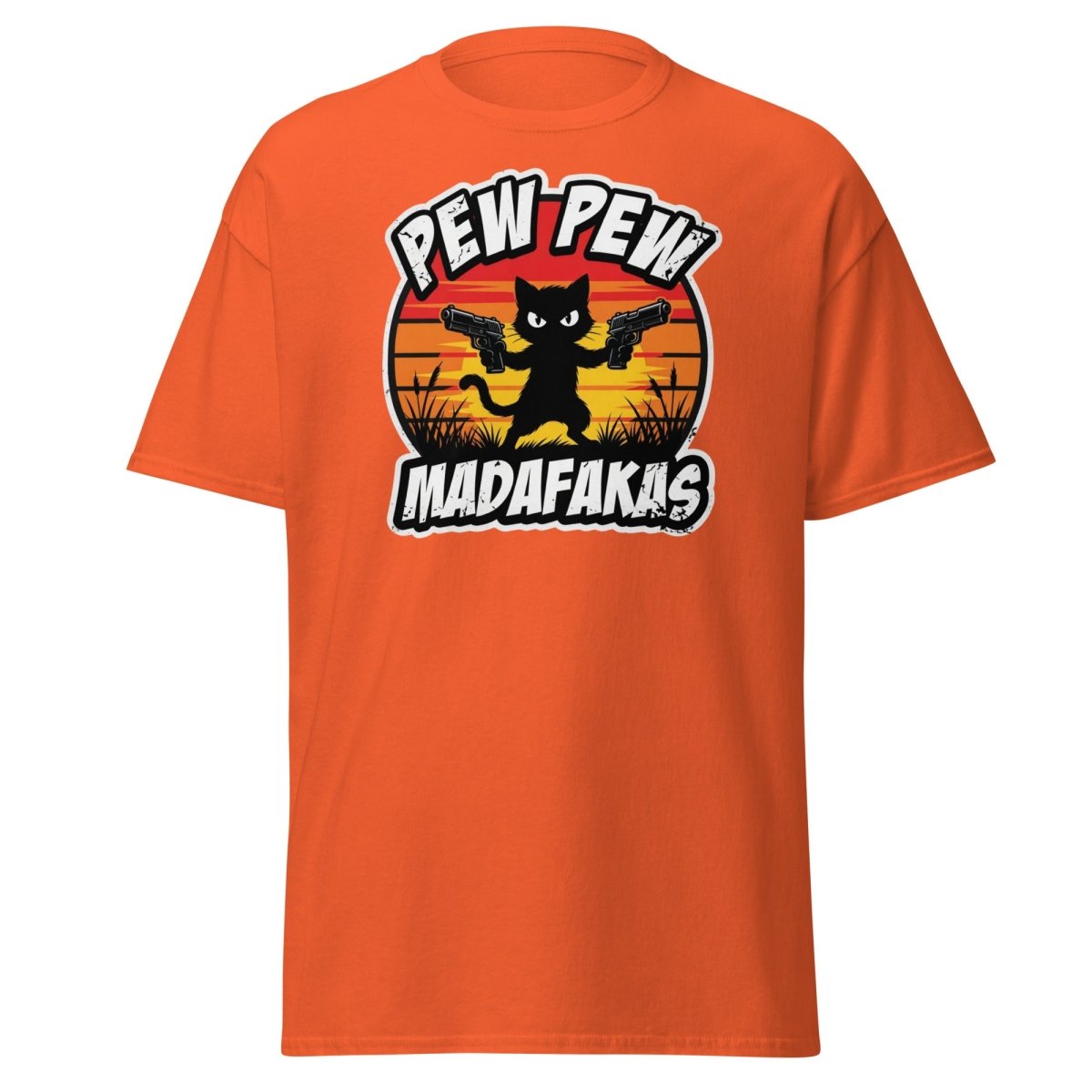 Pew Pew Madafakas Cat T-Shirt Funny Gun Pun Tee - Orange - TeeRipple