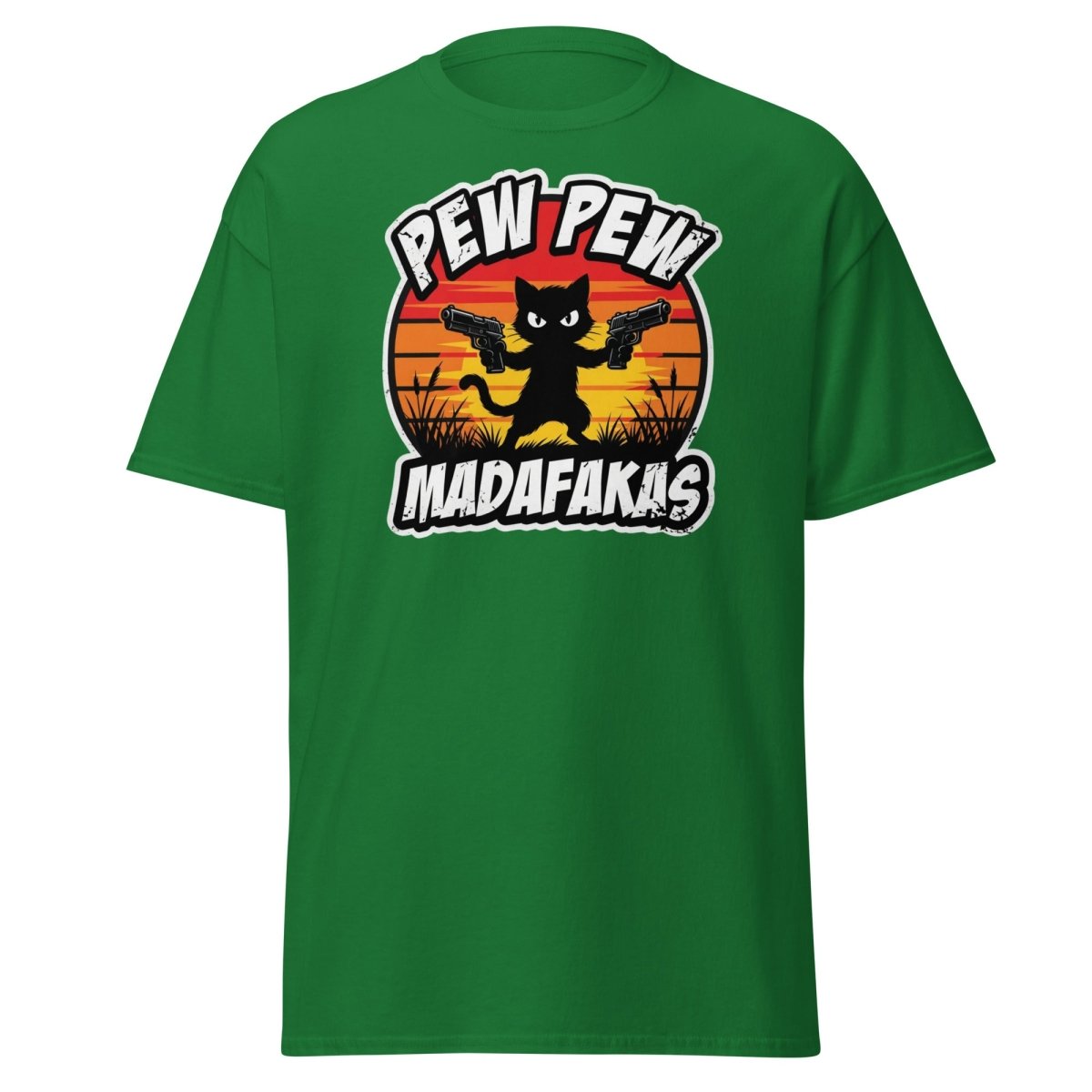 Pew Pew Madafakas Cat T-Shirt Funny Gun Pun Tee - Turf Green - TeeRipple