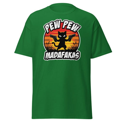 Pew Pew Madafakas Cat T-Shirt Funny Gun Pun Tee - Turf Green - TeeRipple