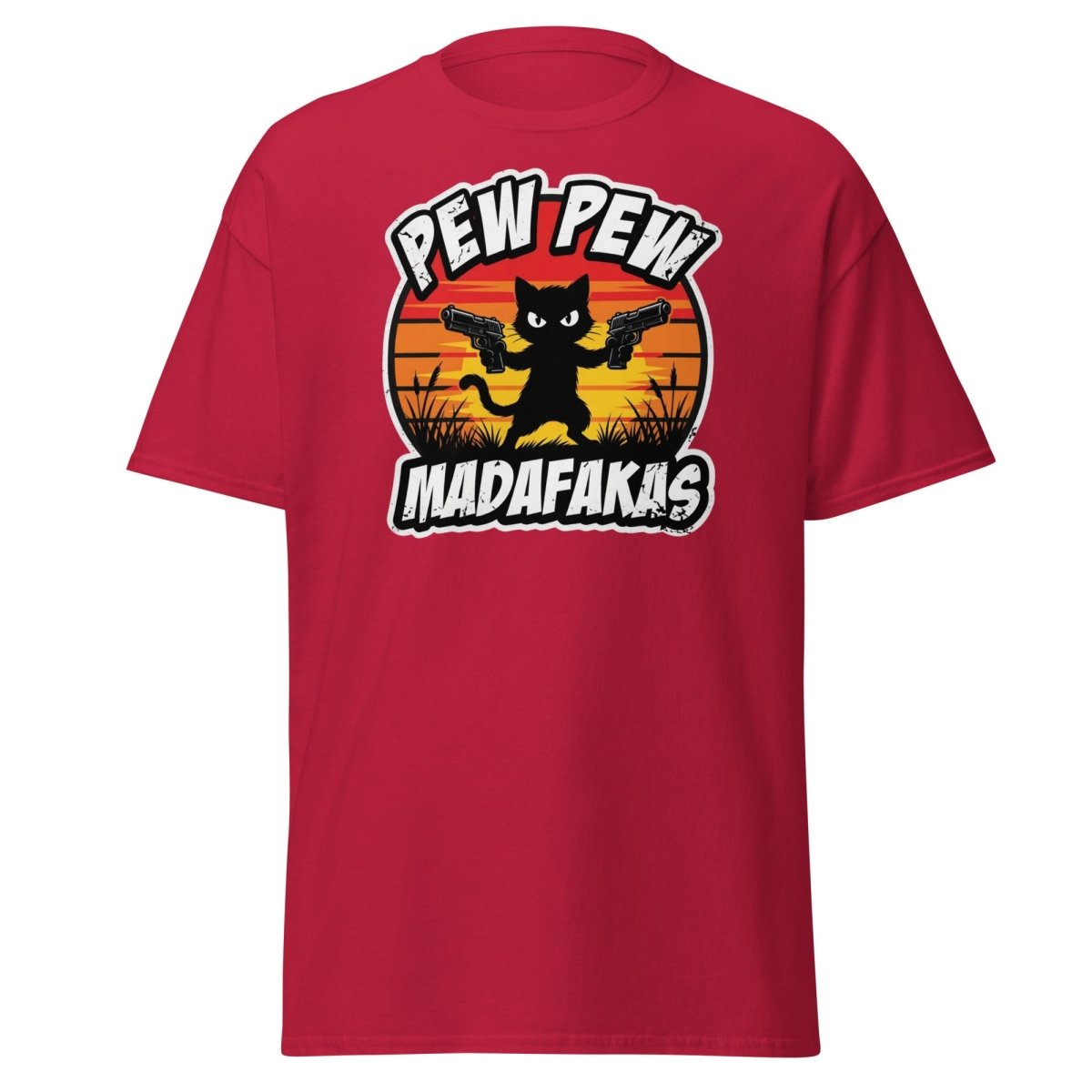 Pew Pew Madafakas Cat T-Shirt Funny Gun Pun Tee - Cardinal - TeeRipple