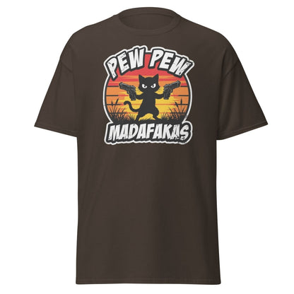 Pew Pew Madafakas Cat T-Shirt Funny Gun Pun Tee - Dark Chocolate - TeeRipple