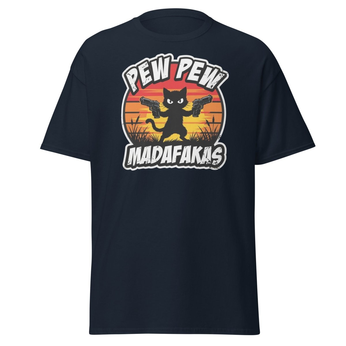 Pew Pew Madafakas Cat T-Shirt Funny Gun Pun Tee - Navy - TeeRipple