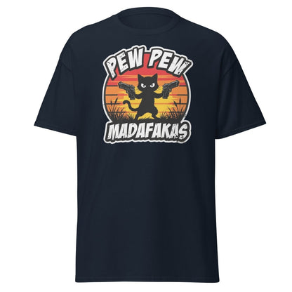 Pew Pew Madafakas Cat T-Shirt Funny Gun Pun Tee - Navy - TeeRipple