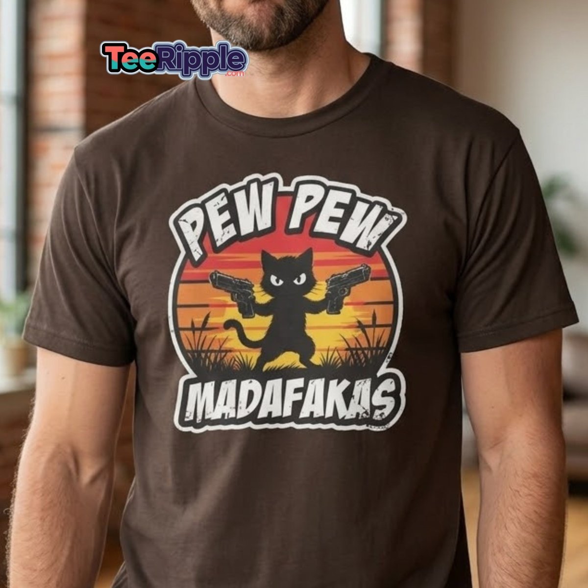 Pew Pew Madafakas Cat T-Shirt Funny Gun Pun Tee - Maroon - TeeRipple