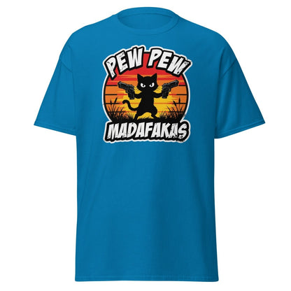 Pew Pew Madafakas Cat T-Shirt Funny Gun Pun Tee - Sapphire - TeeRipple