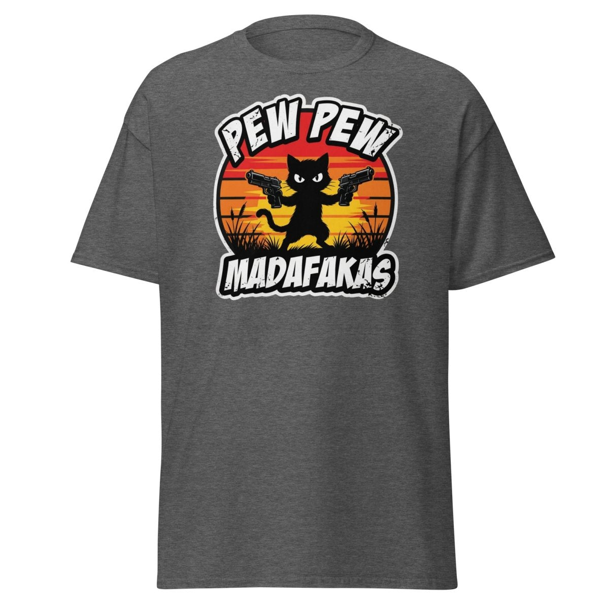 Pew Pew Madafakas Cat T-Shirt Funny Gun Pun Tee - Dark Heather - TeeRipple