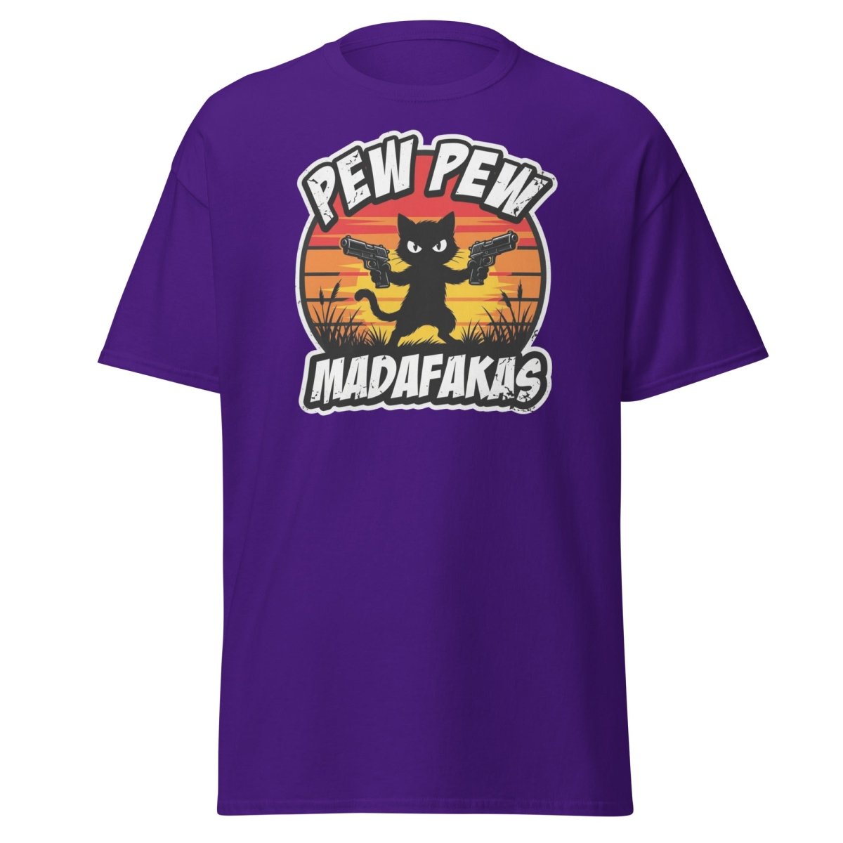 Pew Pew Madafakas Cat T-Shirt Funny Gun Pun Tee - Purple - TeeRipple