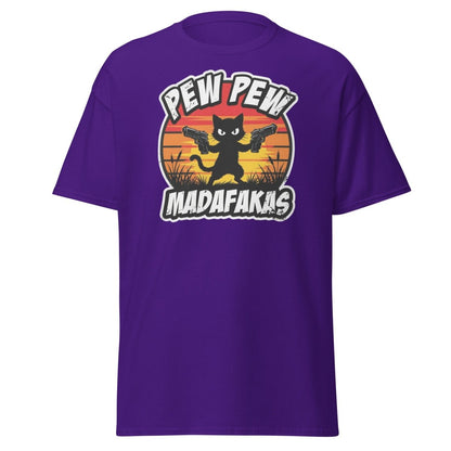 Pew Pew Madafakas Cat T-Shirt Funny Gun Pun Tee - Purple - TeeRipple