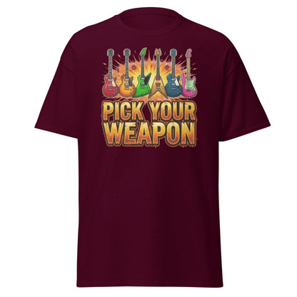 Pick Your Weapon Guitar T-Shirt - Rock Music Electric Guitar Tee - Maroon - TeeRipple