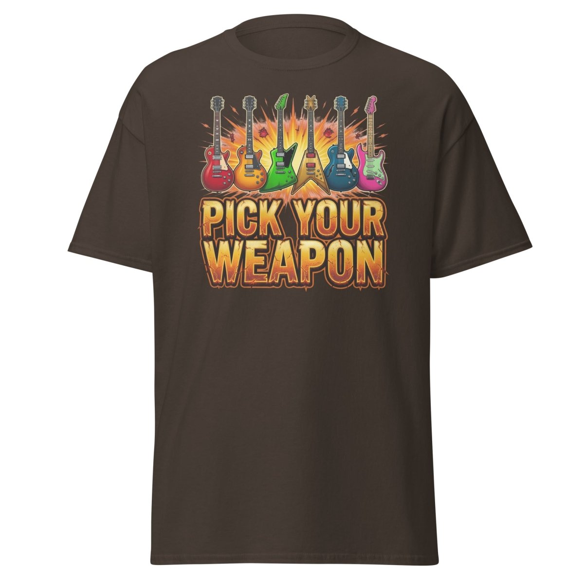 Pick Your Weapon Guitar T-Shirt - Rock Music Electric Guitar Tee - Dark Chocolate - TeeRipple