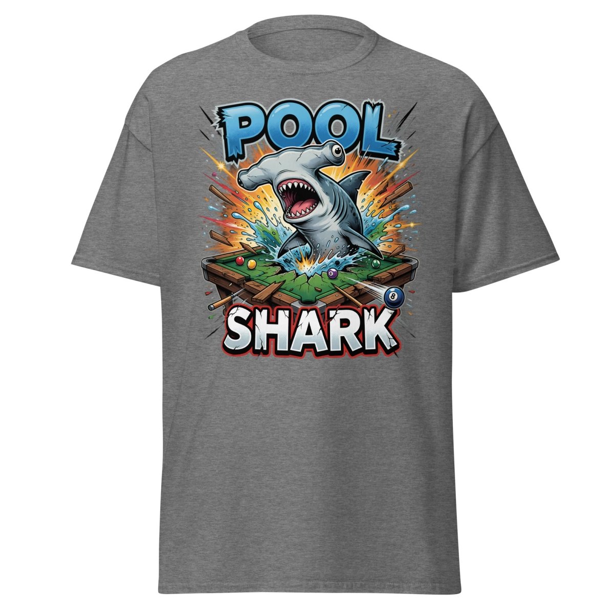 Pool Shark Hammerhead T-Shirt - Funny Billiards Tee - Graphite Heather - TeeRipple