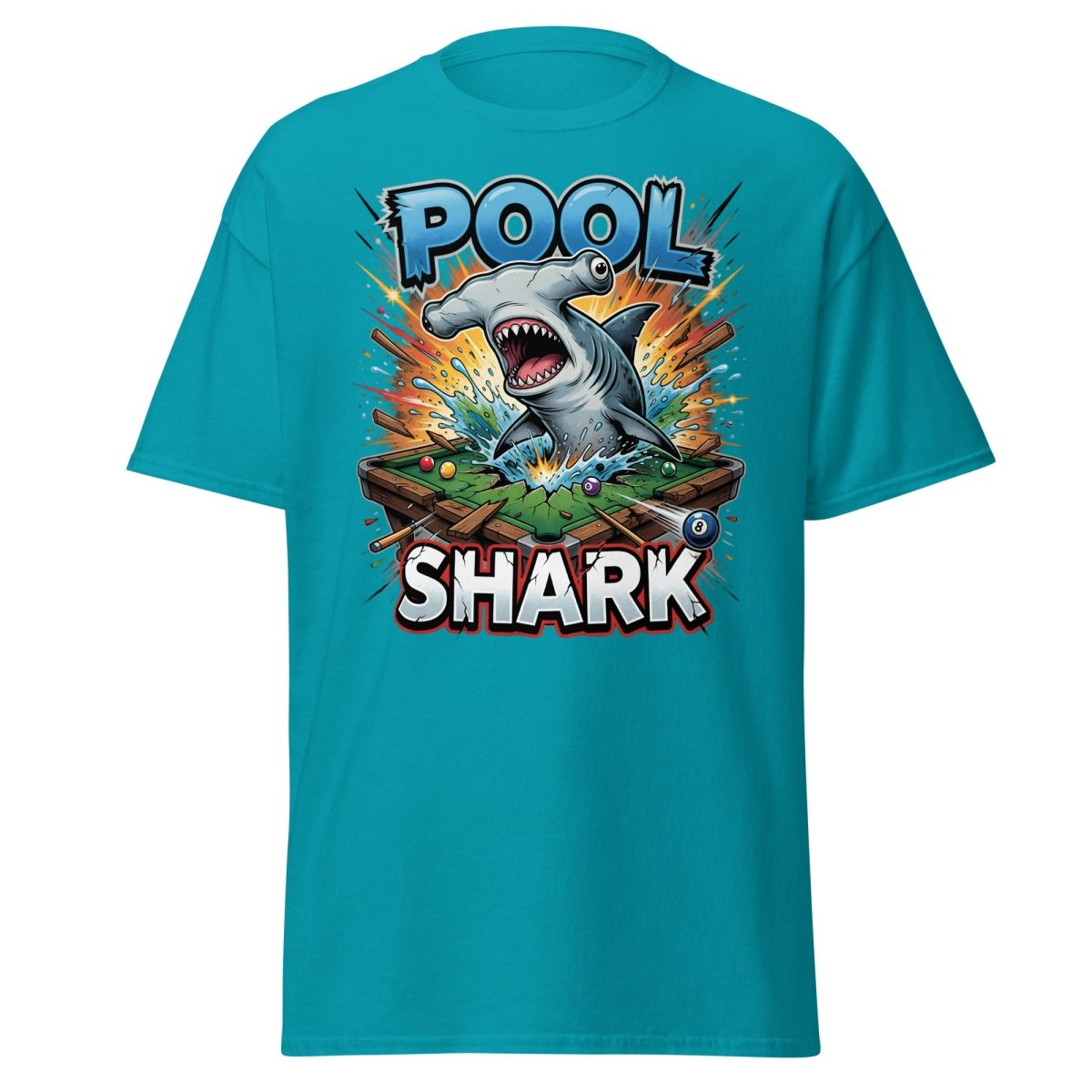 Pool Shark Hammerhead T-Shirt - Funny Billiards Tee - Tropical Blue - TeeRipple