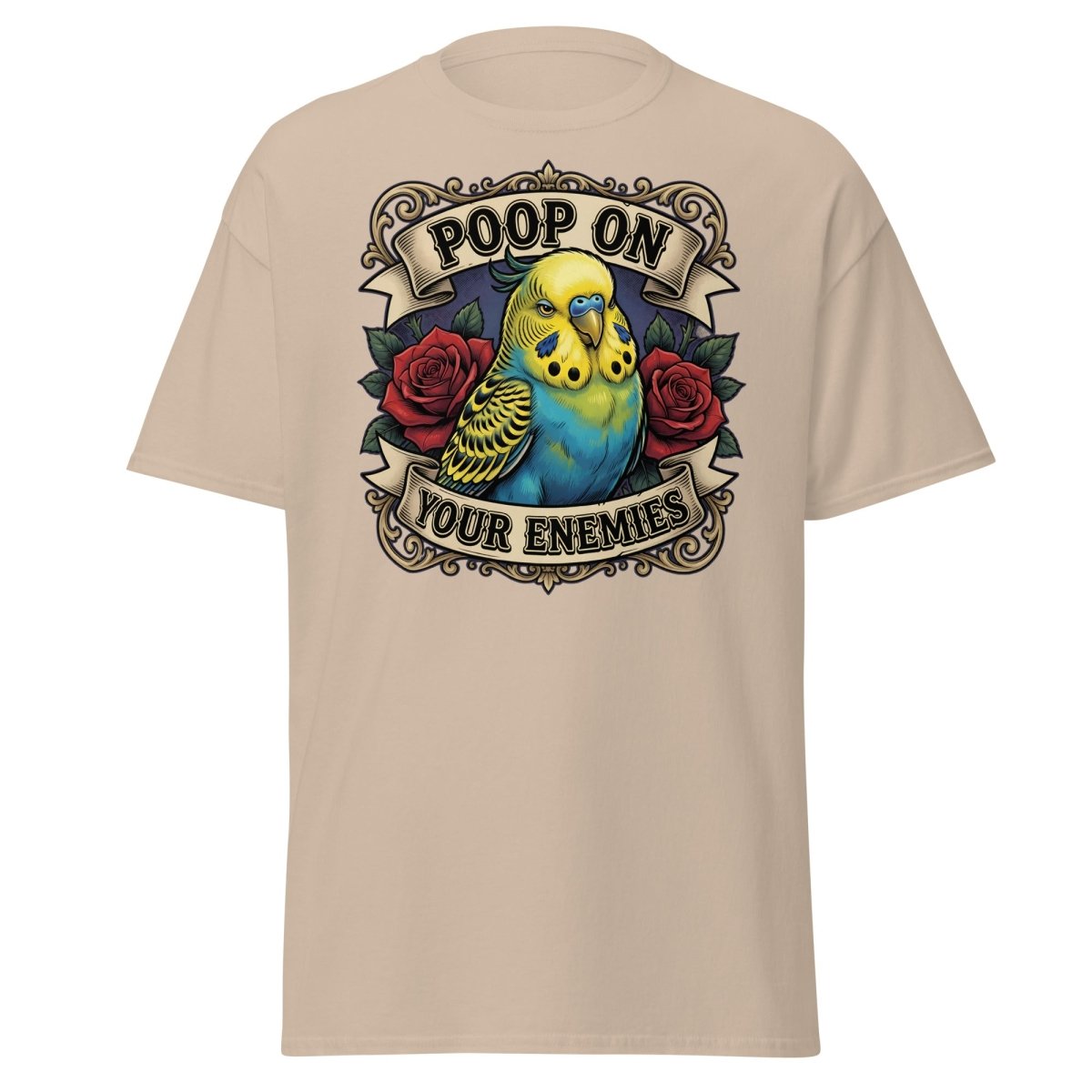 Poop On Your Enemies Budgie T-Shirt | Funny Parrot Tee - Sand - TeeRipple