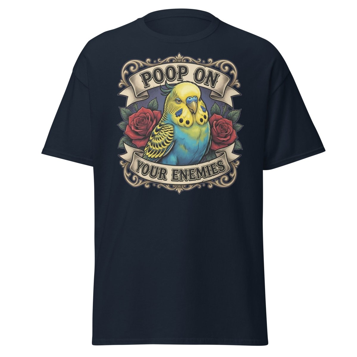 Poop On Your Enemies Budgie T-Shirt | Funny Parrot Tee - Navy - TeeRipple