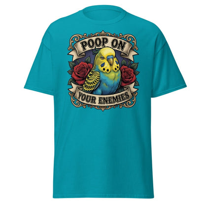 Poop On Your Enemies Budgie T-Shirt | Funny Parrot Tee - Tropical Blue - TeeRipple