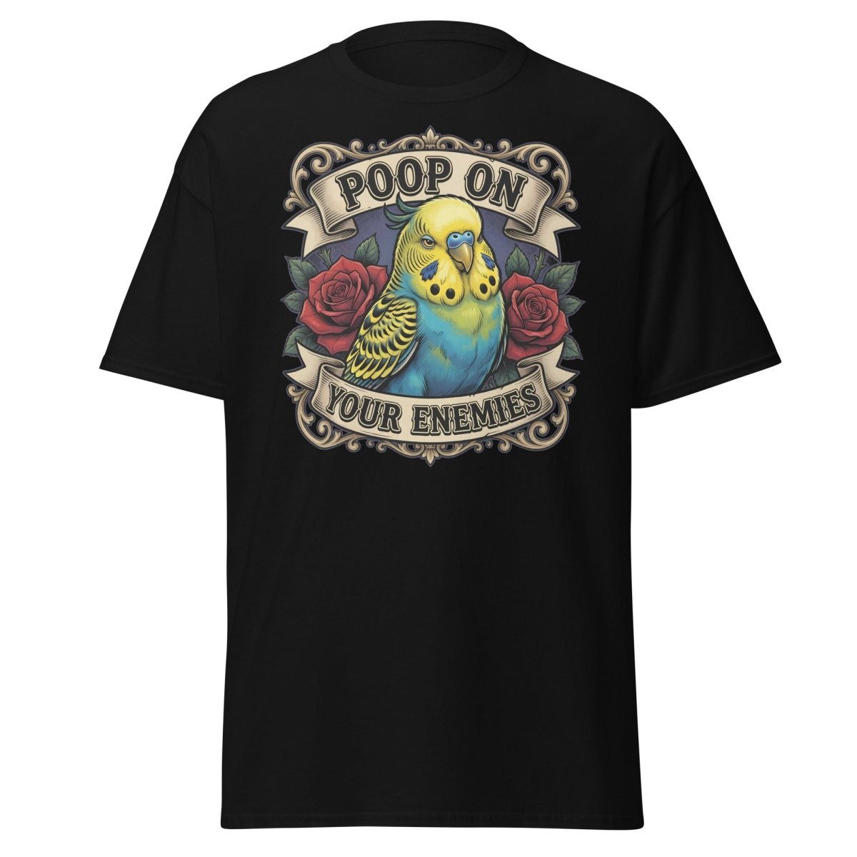 Poop On Your Enemies Budgie T-Shirt | Funny Parrot Tee - Black - TeeRipple
