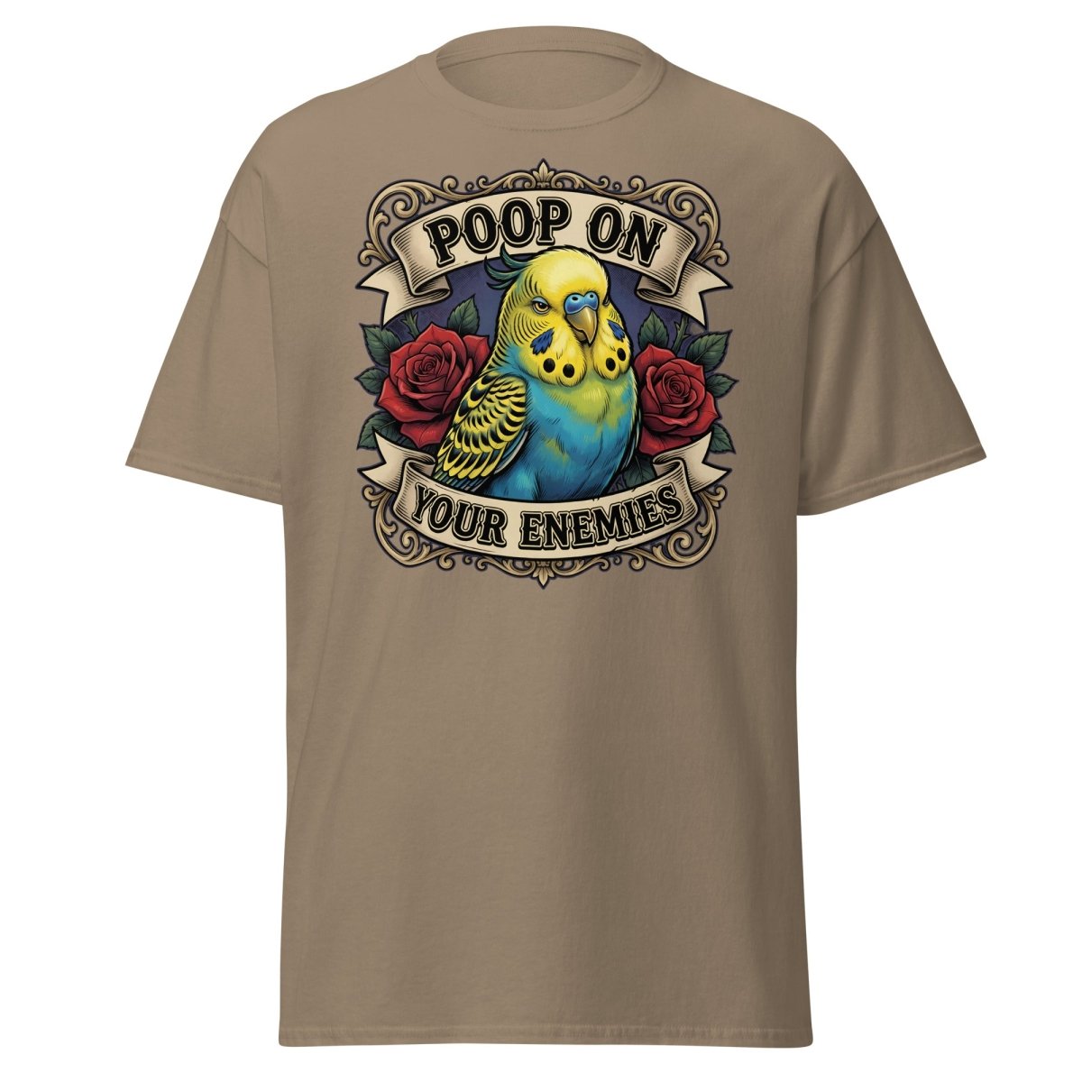 Poop On Your Enemies Budgie T-Shirt | Funny Parrot Tee - Brown Savana - TeeRipple
