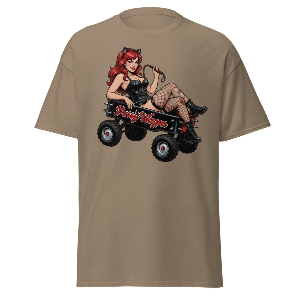 Pussy Wagon Pin - Up Catgirl T-Shirt | Adult Humor Tee - Brown Savana - TeeRipple