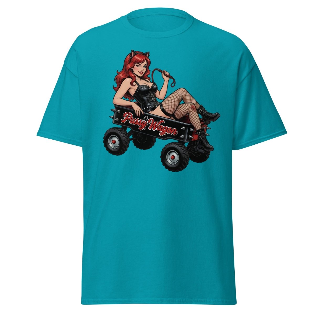 Pussy Wagon Pin - Up Catgirl T-Shirt | Adult Humor Tee - Tropical Blue - TeeRipple