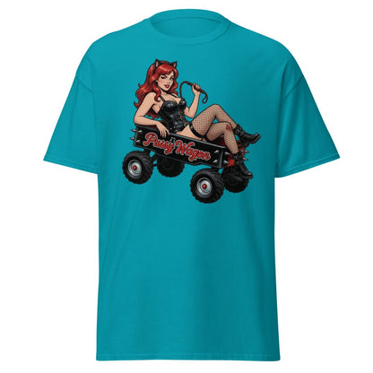 Pussy Wagon Pin - Up Catgirl T-Shirt | Adult Humor Tee - Tropical Blue - TeeRipple