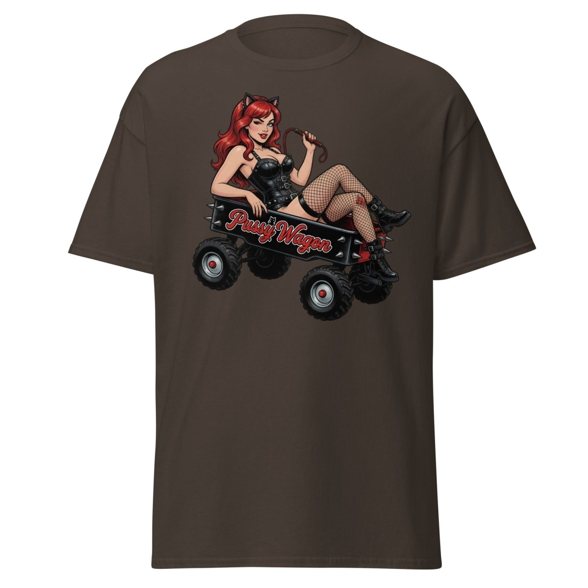 Pussy Wagon Pin - Up Catgirl T-Shirt | Adult Humor Tee - Dark Chocolate - TeeRipple