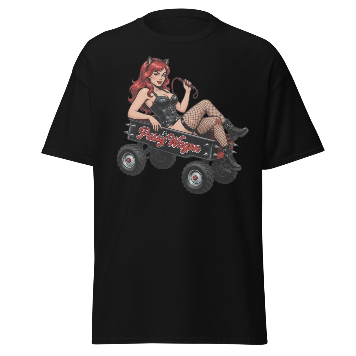 Pussy Wagon Pin - Up Catgirl T-Shirt | Adult Humor Tee - Black - TeeRipple