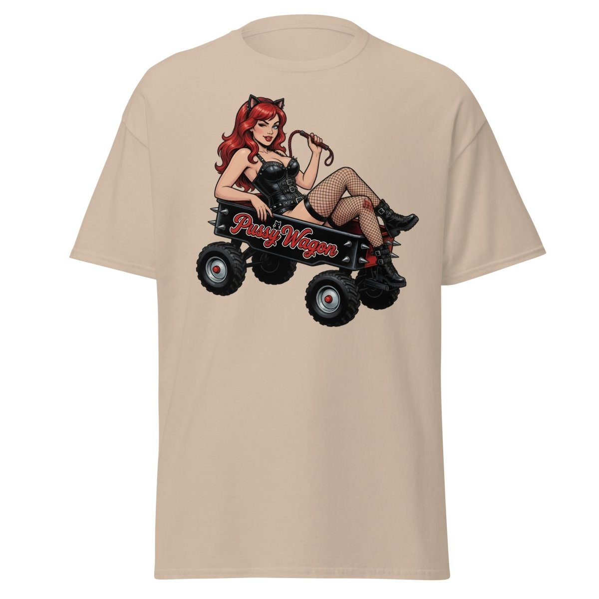 Pussy Wagon Pin - Up Catgirl T-Shirt | Adult Humor Tee - Sand - TeeRipple