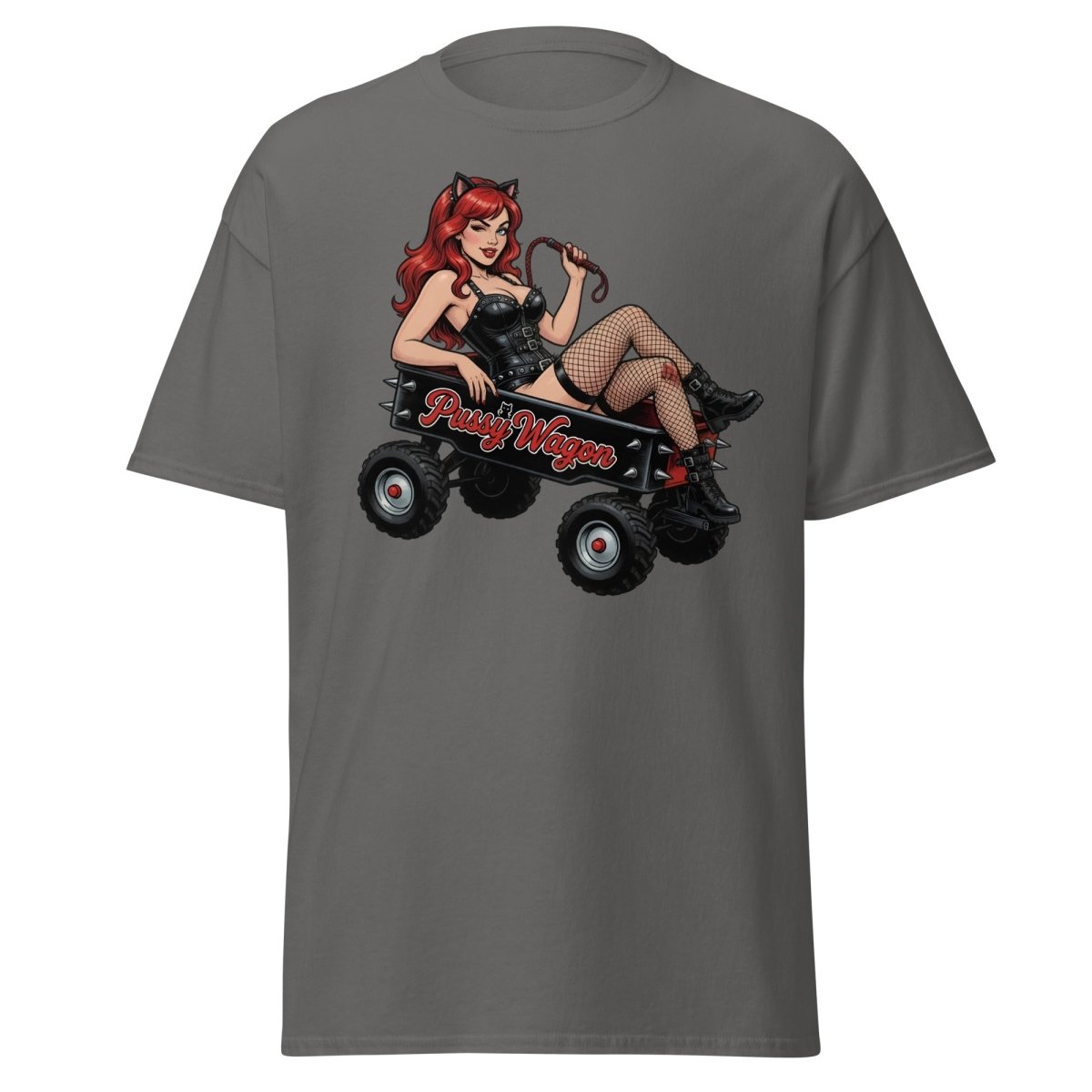 Pussy Wagon Pin - Up Catgirl T-Shirt | Adult Humor Tee - Charcoal - TeeRipple