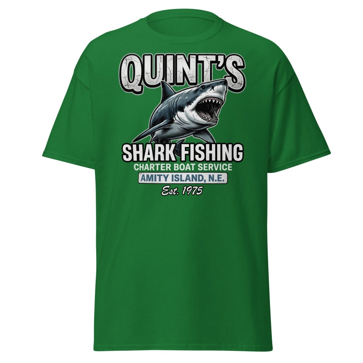Quint's Shark Fishing Jaws T-Shirt - Amity Island Charter - Turf Green - TeeRipple