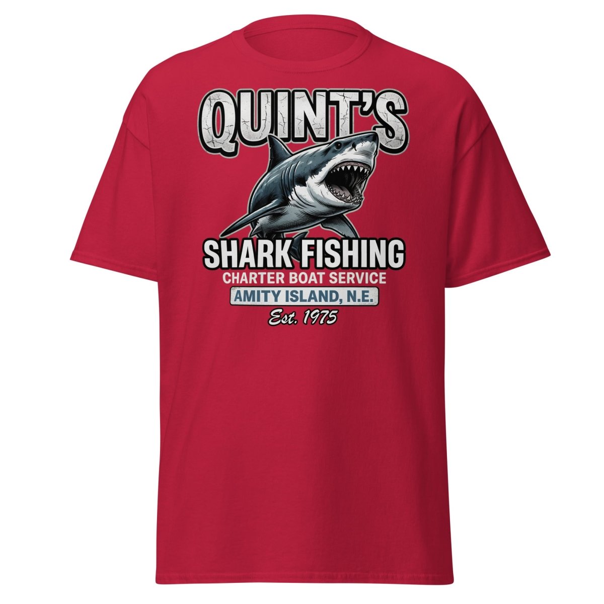 Quint's Shark Fishing Jaws T-Shirt - Amity Island Charter - Cardinal - TeeRipple