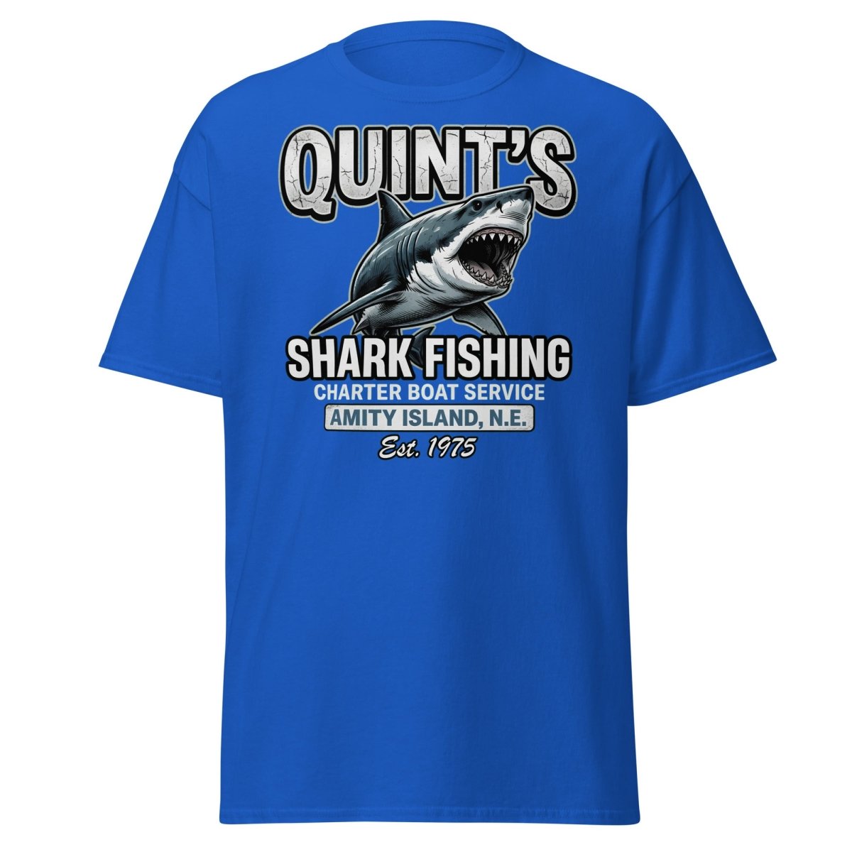 Quint's Shark Fishing Jaws T-Shirt - Amity Island Charter - Royal - TeeRipple