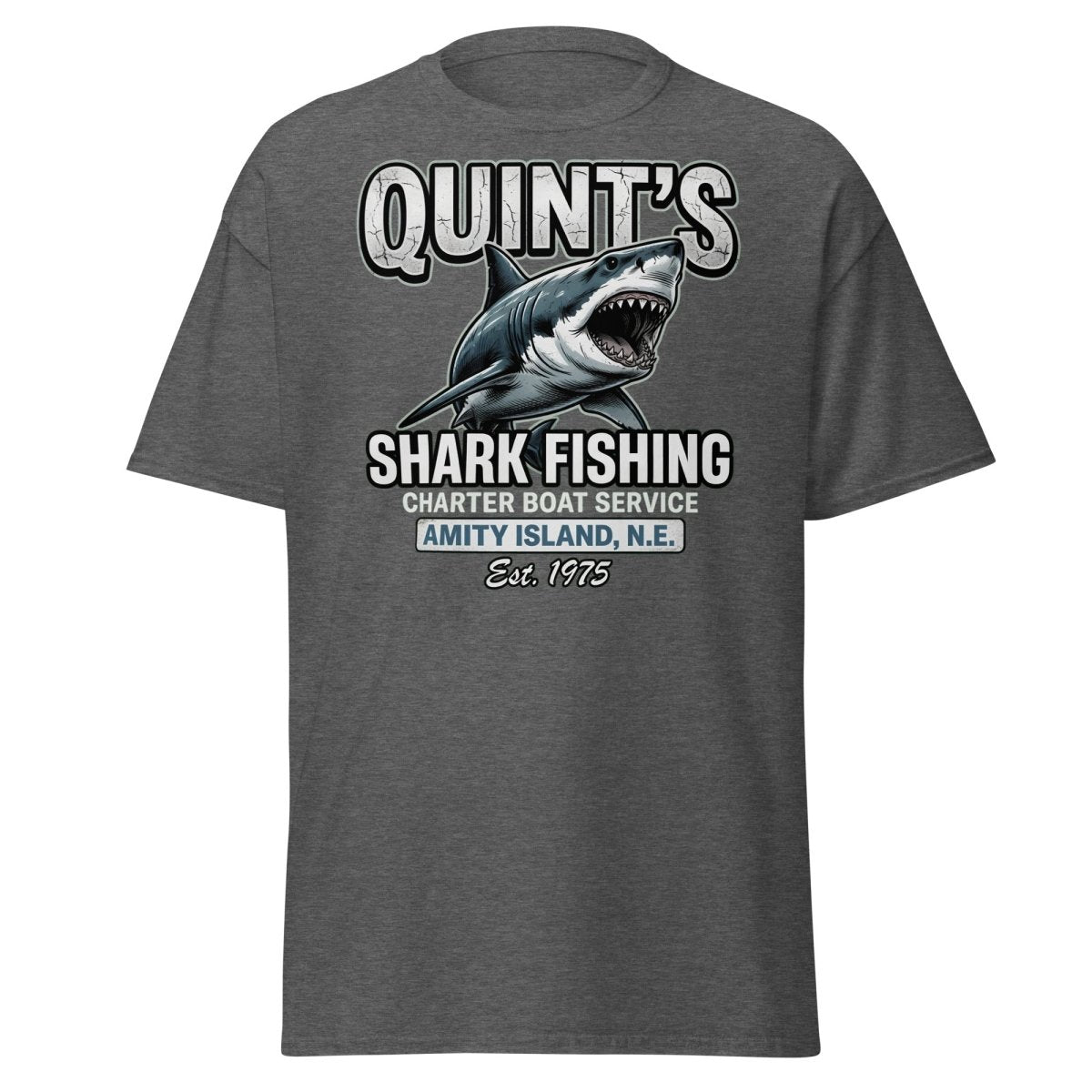 Quint's Shark Fishing Jaws T-Shirt - Amity Island Charter - Dark Heather - TeeRipple