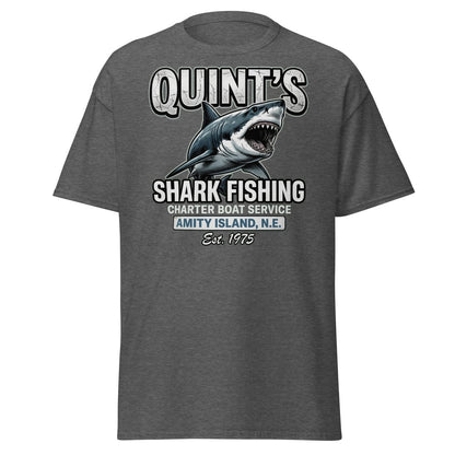 Quint's Shark Fishing Jaws T-Shirt - Amity Island Charter - Dark Heather - TeeRipple