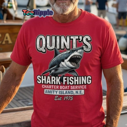 Quint's Shark Fishing Jaws T-Shirt - Amity Island Charter - Maroon - TeeRipple
