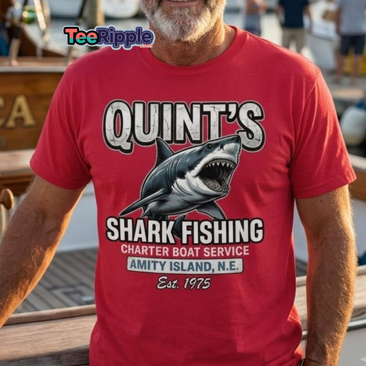 Quint's Shark Fishing Jaws T-Shirt - Amity Island Charter - Maroon - TeeRipple
