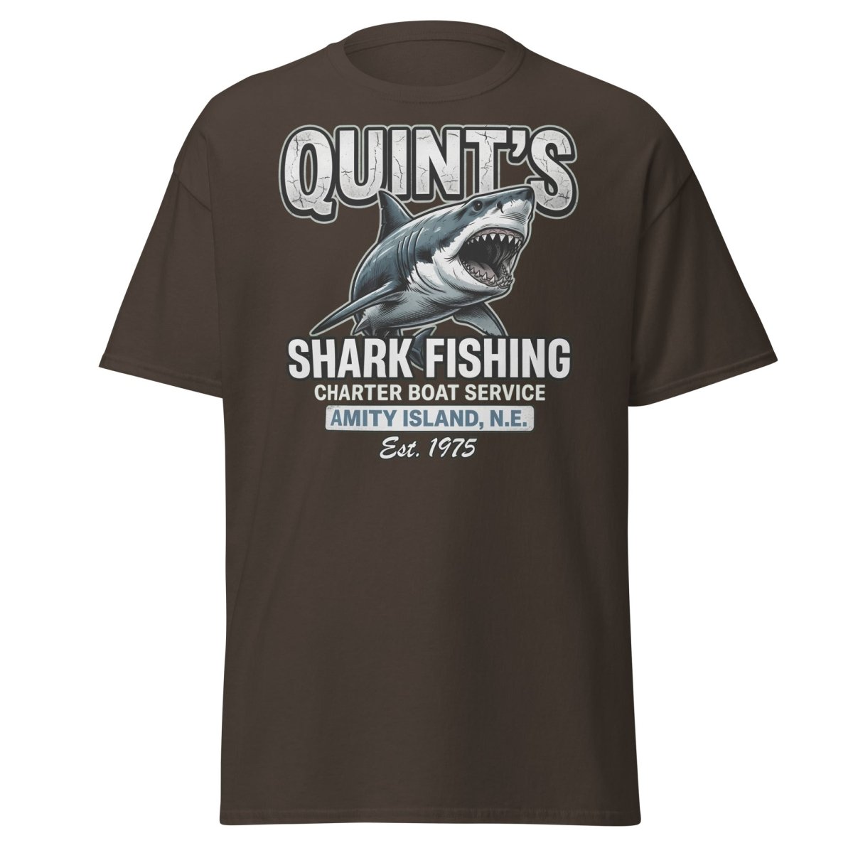 Quint's Shark Fishing Jaws T-Shirt - Amity Island Charter - Dark Chocolate - TeeRipple