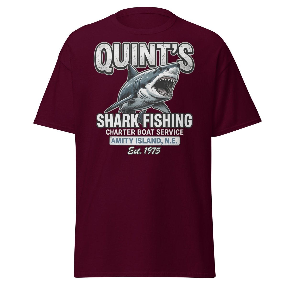 Quint's Shark Fishing Jaws T-Shirt - Amity Island Charter - Maroon - TeeRipple