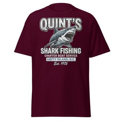 Quint's Shark Fishing Jaws T-Shirt - Amity Island Charter - Maroon - TeeRipple