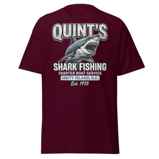 Quint's Shark Fishing Jaws T-Shirt - Amity Island Charter - Maroon - TeeRipple