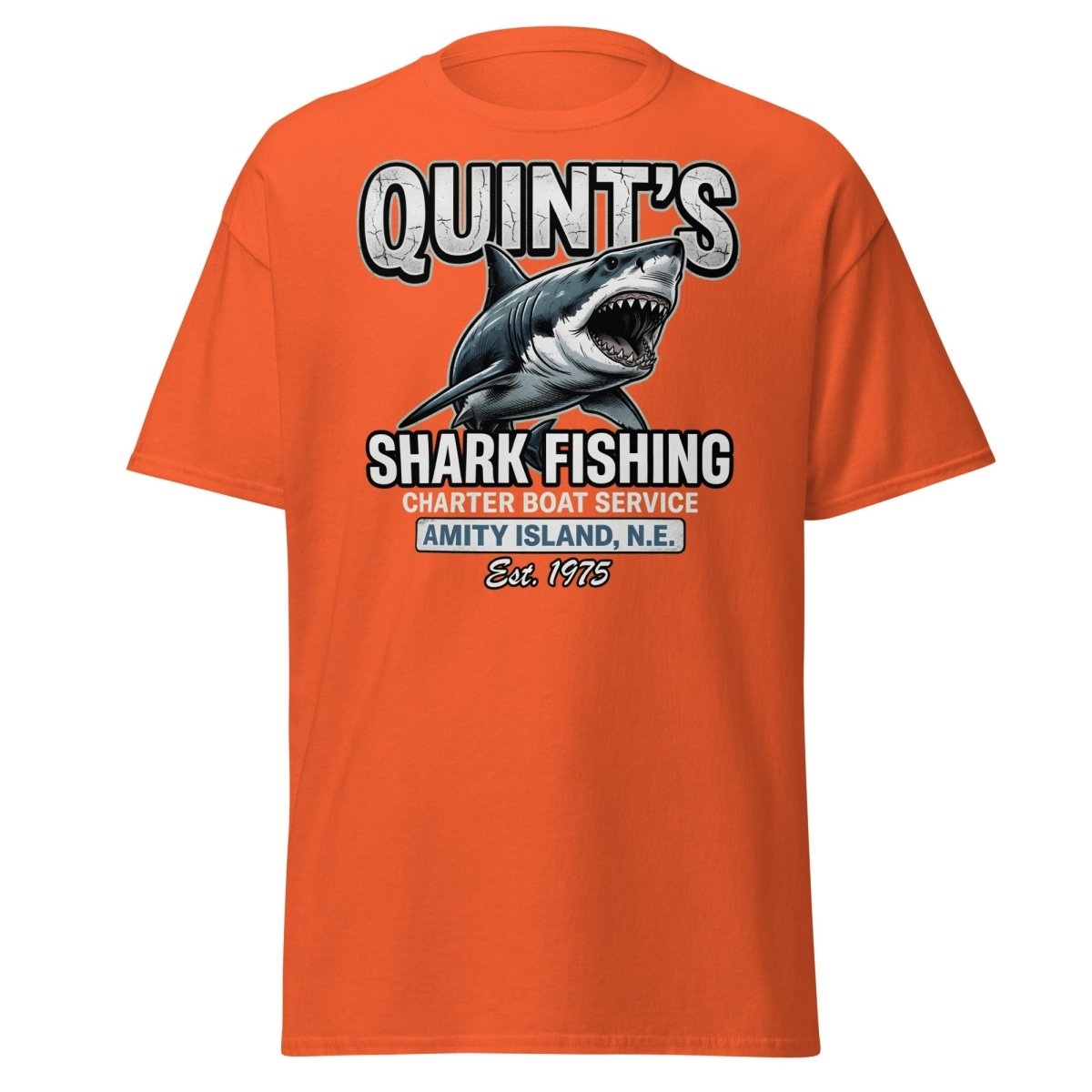 Quint's Shark Fishing Jaws T-Shirt - Amity Island Charter - Orange - TeeRipple